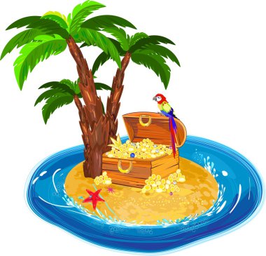 Treasure island with chest of gold clipart