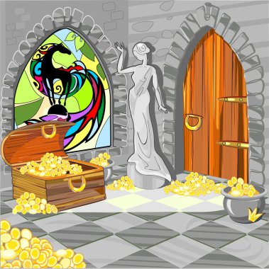 Treasure house with the statue and stained-glass window clipart