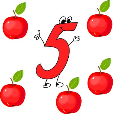 Komik sayı beş ve beş kırmızı elma