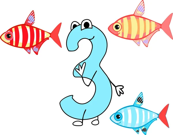 Funny number three and three colorful fish — Stock Vector