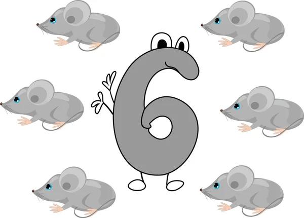 Grappige nummer zes en zes grijze muizen — Stockvector