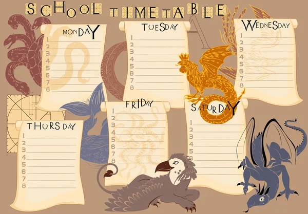 Horario escolar con criaturas mitológicas — Archivo Imágenes Vectoriales