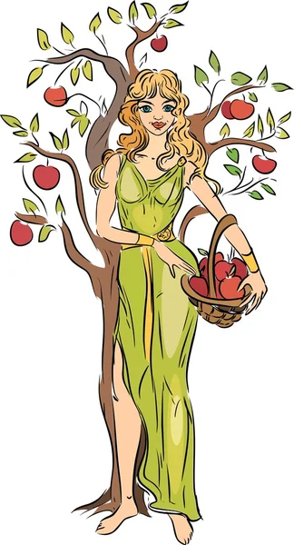 Kırmızı elma sepeti ile kız — Stok Vektör