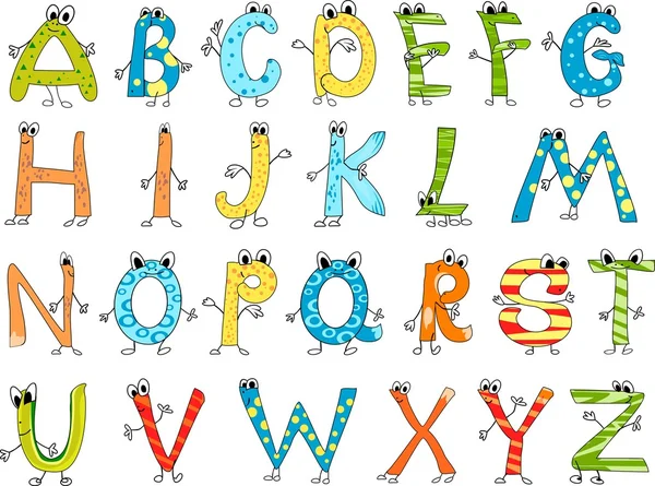 Tecknade engelska alfabetet med mångfärgade bokstäver — Stock vektor