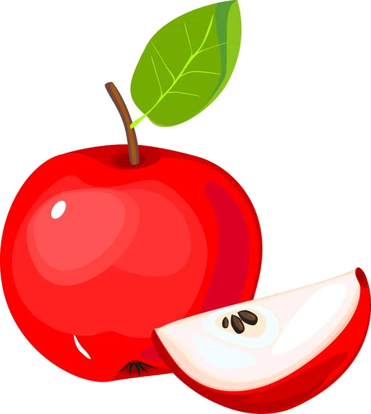 Geschnittener roter Apfel mit grünem Blatt — Stockvektor