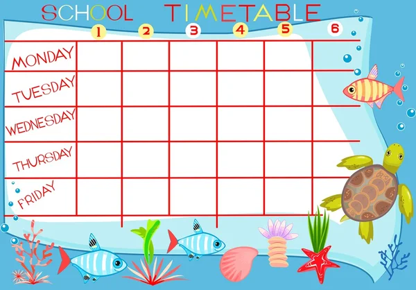 School timetable with sea turtle — Stock Vector