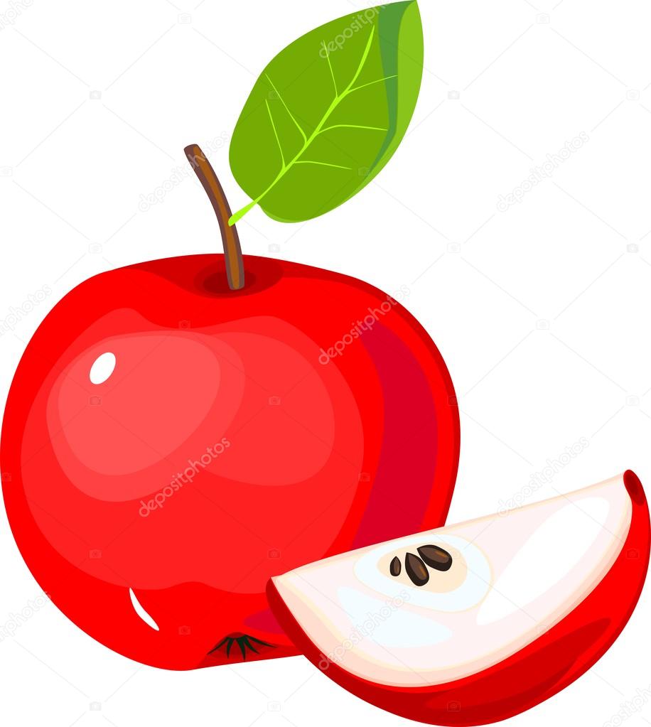 Sliced red apple with green leaf