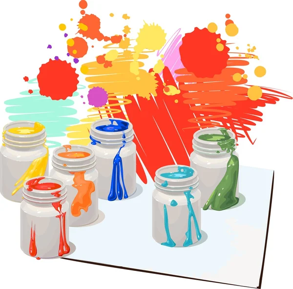 Latas de pintura con salpicaduras — Vector de stock