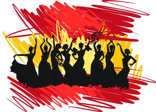 Silhouet flamencodanseres over Spaanse vlag achtergrond — Stockvector