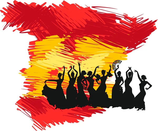 Silhouet flamencodanseres over Spaanse vlag achtergrond kaart — Stockvector
