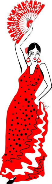 ファンが付いて赤いドレスでフラメンコ ダンサー — ストックベクタ
