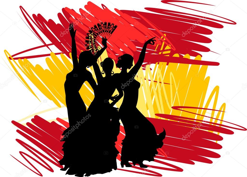 Silhouette flamenco dancer over Spanish Flag Background