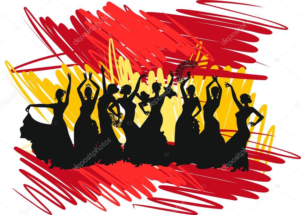 Silhouette flamenco dancer over Spanish Flag Background