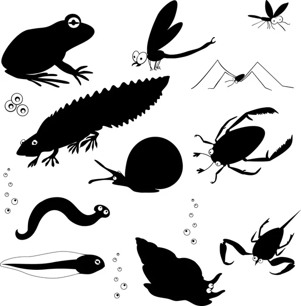 Silhouettes of inhabitants of pond — Stock Vector