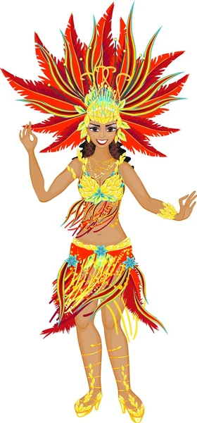 Žena tanečnice Samby v červené karnevalový kostým — Stockový vektor