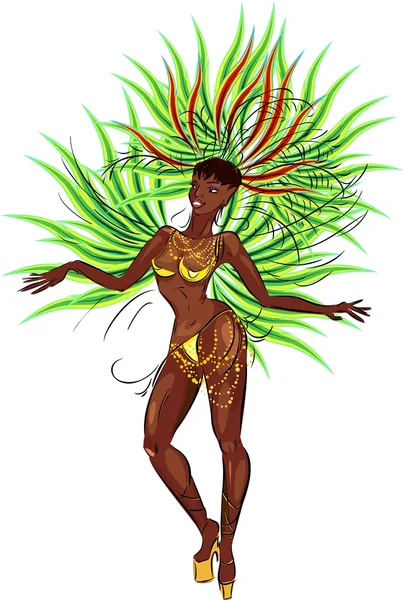 Samba Mujer bailarina en traje de carnaval verde — Vector de stock