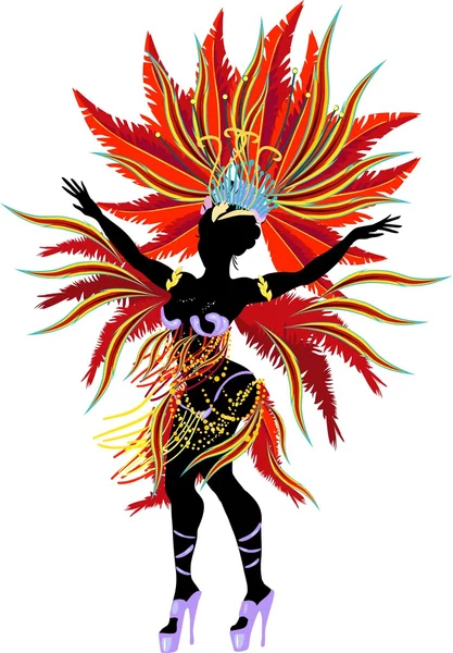 Σιλουέτα του samba χορευτής στο κόκκινο, καρναβαλιού κοστούμι — Διανυσματικό Αρχείο