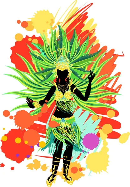 Silhouette of samba dancer in green carnival costume — Stock Vector