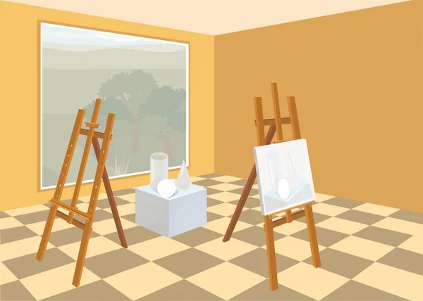 Interior del estudio de arte con caballete — Vector de stock