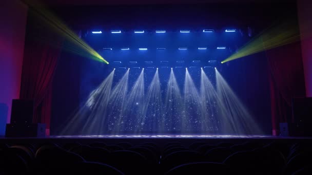 Theatrical Stage Front Empty Auditorium Searchlights Screen Working — Stock Video