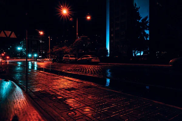 伊兹密尔市的灯光和阴影 雨后街道 有湿淋淋的沥青路面反射 — 图库照片#