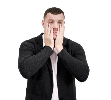 Stresli iş adamı. Yüzü beyaz arkaplanda. Fotokopi alanı, üzüntü ve hayal kırıklığına uğramış konsept.