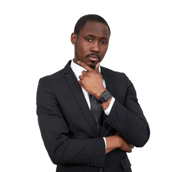 Allvarlig afroamerikansk affärsman röra hakan bär svart kostym isolerad på vit bakgrund — Stockfoto