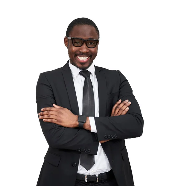 Empresário afro-americano de pé isolado sobre fundo branco rosto feliz sorrindo com braços cruzados olhando para a câmera. Pessoa positiva. — Fotografia de Stock