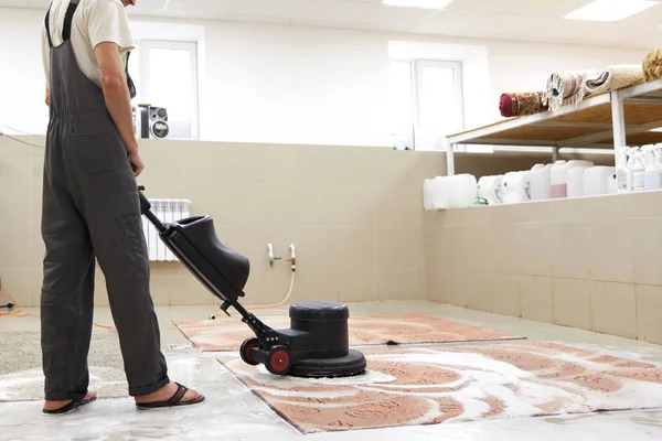 Tapijt chemische reiniging met professioneel disk machine. Vroege voorjaarsschoonmaak of regelmatige schoonmaak. — Stockfoto