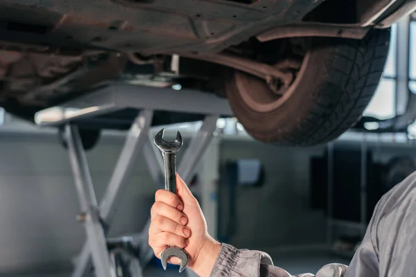 Car repair, maintenance and vehicle inspection concept. Man holding wrench in front of a car