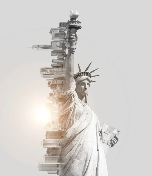 Double exposure image of the Statue of Liberty and new york skyline with cope space. Toned image — Stock Photo, Image