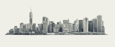 Finansal Bölgenin merkezindeki Skyline panoraması ve New York 'taki Lower Manhattan, ABD. arkaplanda siyah ve beyaz izole