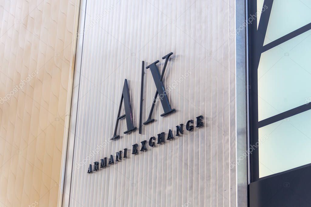 NEW YORK, USA - MAY 15, 2019: Armani Exchange logo on the store. Armani Exchange is the store brand of the creator Giorgio Armani