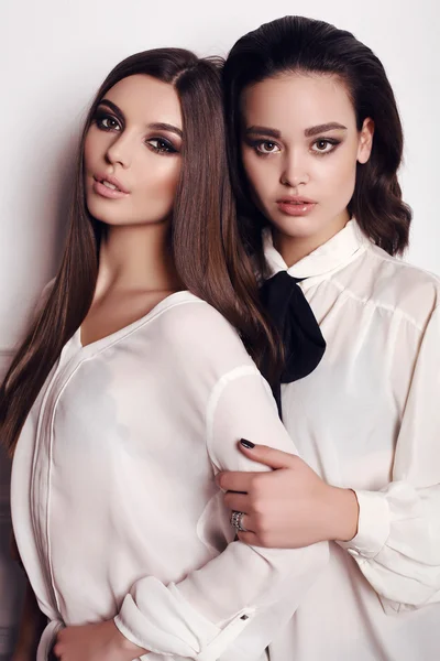 Two beautiful young women with dark hair and evening makeup, wearing elegant clothes — Stock Photo, Image