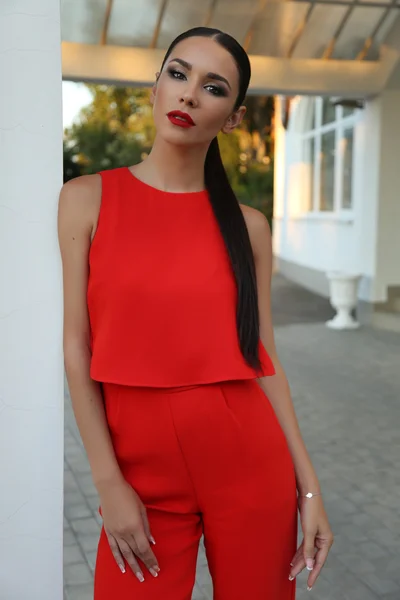 Schöne Frau mit dunklen Haaren in eleganter Kleidung — Stockfoto