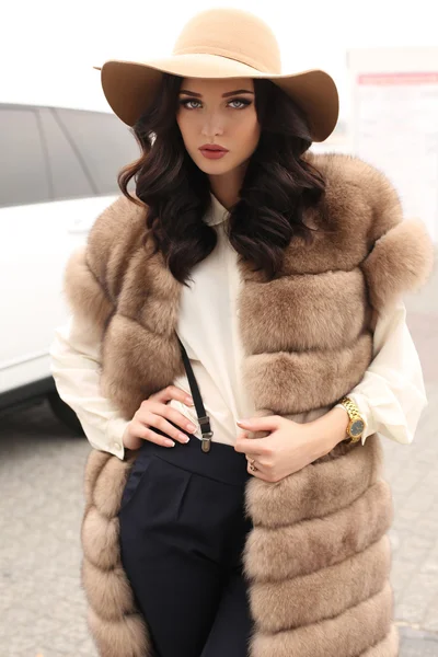 Mulher com cabelo escuro em roupas elegantes e casaco de pele luxuoso — Fotografia de Stock
