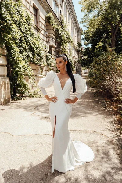 Moda Foto Livre Mulher Bonita Com Cabelo Escuro Vestido Noiva — Fotografia de Stock