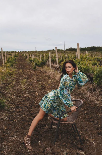 Foto Moda Aire Libre Hermosa Mujer Con Pelo Oscuro Vestido —  Fotos de Stock