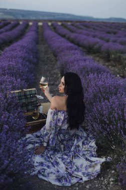 Zarif elbiseli ve aksesuarlı güzel bir kadının lavanta tarlasında piknik yaptığı açık hava fotoğrafı.