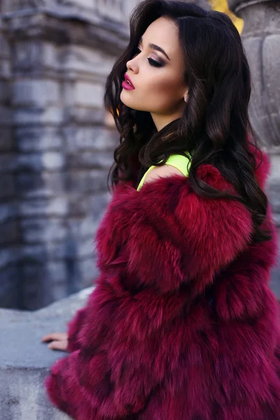 Beautiful sexy woman with dark hair wearing fashion fur coat — Stock Photo, Image