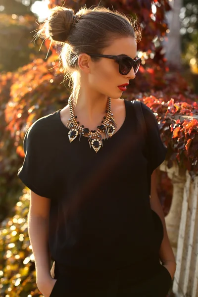 Beautiful girl with dark hair in elegant clothes and accessories — Stock Photo, Image