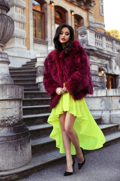 Hermosa mujer elegante en lujoso abrigo de piel roja de moda — Foto de Stock