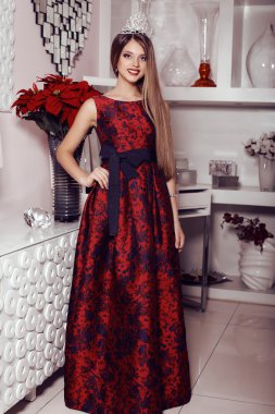 zarif elbise ve taç koyu saçlı güzel kız