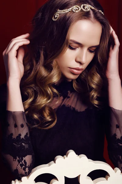 Beautiful sensual woman with dark hair and headband — Stock Photo, Image