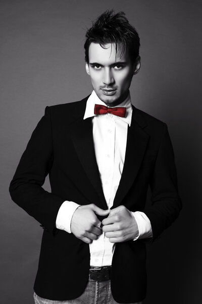 handsome businesslike man with dark hair in elegant suit   