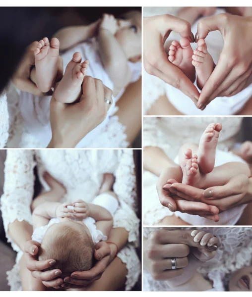 Anne ve onun güzel küçük bebek ihale fotoğrafları kolaj bir — Stok fotoğraf