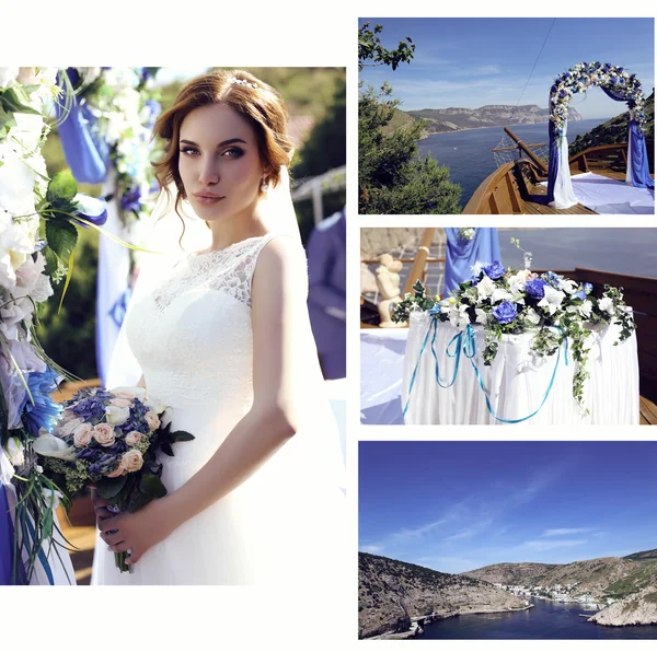 Fotos de la boda de la novia hermosa en vestido de lujo y detalles de la boda — Foto de Stock