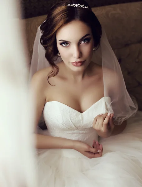 Beautiful sensual bride with dark hair in luxurious lace wedding dress Stock Photo
