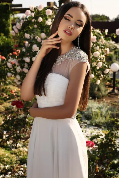 Beautiful bride with dark hair in elegant wedding dress — Stock Photo, Image