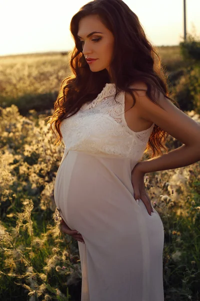 Красивая беременная женщина с темными волосами в элегантном платье — стоковое фото